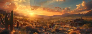 a vibrant sunset over a cactus-filled desert landscape with a rustic embroidery shop in the background.