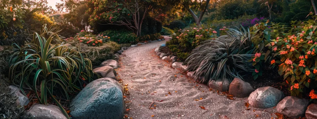 a pristine pathway lined with vibrant, multicolored rocks winding through a lush garden setting.