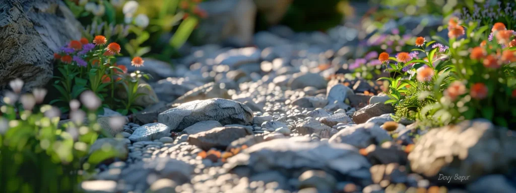 a beautifully designed rock garden featuring a variety of river rocks carefully arranged around vibrant plant beds and borders.