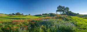 a lush green fairway lined with vibrant wildflowers under a clear blue sky at the jay morrish designed golf course at talking rock.