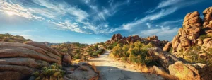 a rugged desert trail winding through majestic red rock formations under a bright blue sky, inviting hikers to explore the beauty of talking rock prescott.