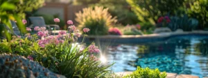 a serene backyard oasis in prescott valley, featuring lush greenery, a sparkling pool, and colorful flowers under the warm desert sun.