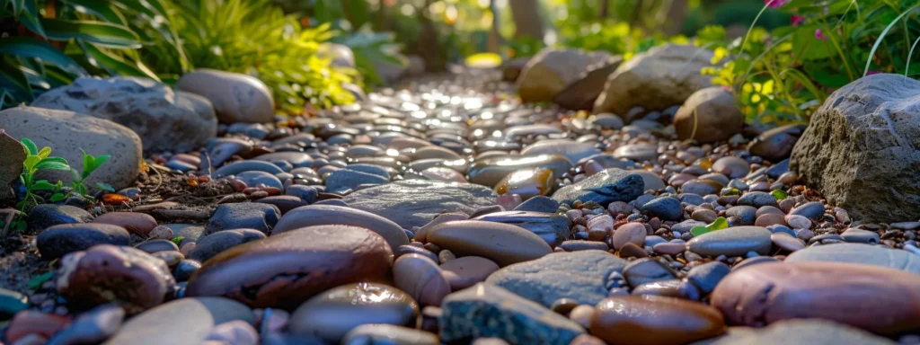 a serene garden pathway lined with smooth, multicolored river rocks glistening in the sunlight, creating a visually appealing and low-maintenance landscaping feature.