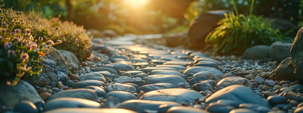 a serene garden pathway lined with smooth river rocks, carefully placed to enhance the landscape's beauty and functionality.