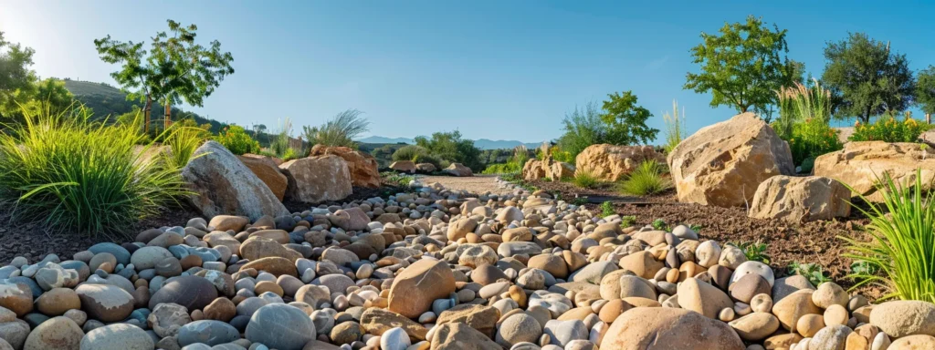 a serene river rock landscape with pristine rocks, weed-free beds, and perfectly placed stones under a clear blue sky, showcasing the beauty and low-maintenance allure of the prescott property.