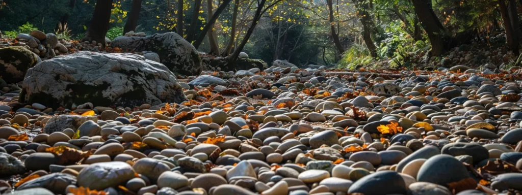 a tranquil landscape with a variety of river rocks of different sizes and colors carefully arranged around trees for improved drainage and aesthetic appeal.