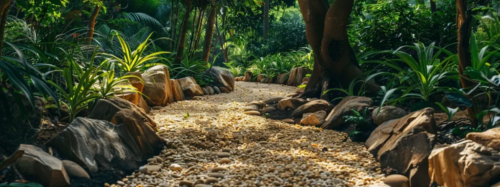 a tranquil zen garden featuring a winding river rock pathway bordered by lush greenery and serene stone accents.