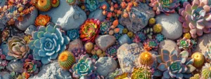 a vibrant desert garden with colorful succulents, cacti, and rocks arranged in a drought-resistant xeriscaping design.