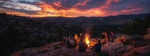 a vibrant sunset illuminating a group of friends laughing around a crackling campfire at talking rock prescott.