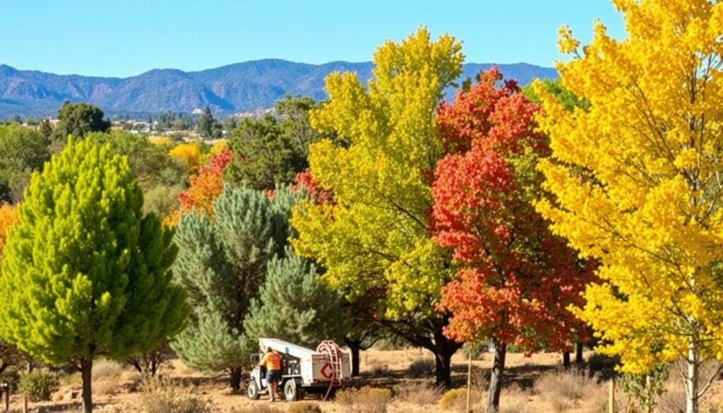 A scenic landscape showcases vibrant trees in autumn with red, yellow, and green foliage. A small utility vehicle is parked in the foreground, highlighting the importance of professional tree care amid Prescott's climate. Distant mountains under a clear blue sky complete the view.