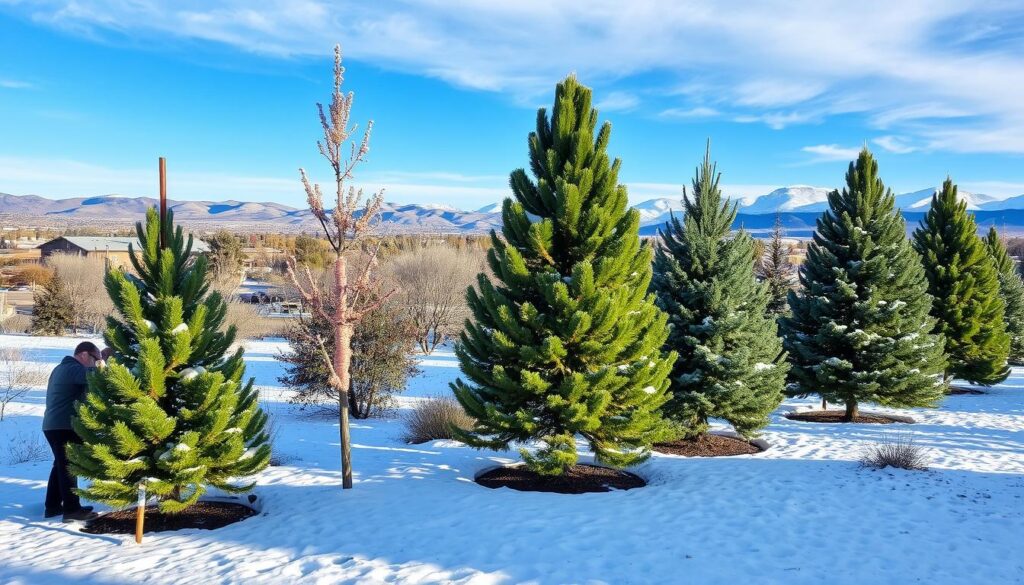 In Prescott, AZ, a person is carefully examining a young pine tree in the snowy landscape, following safety protocols. The scene is set with several vibrant green pines against a snow-covered ground and majestic mountains under a blue sky dotted with clouds.