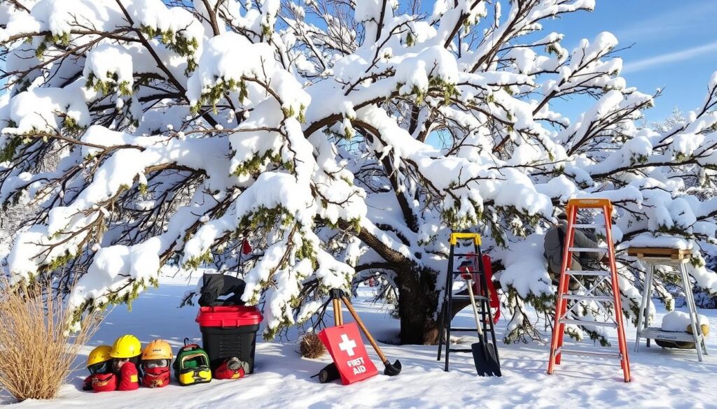 A snow-covered tree with branches drooping under the weight of snow stands majestically in Prescott, AZ. Nearby, ladders and helmets hint at Emergency Snow Tree Care, alongside a first aid kit and red toolbox, all part of essential safety protocols beneath the clear blue sky.