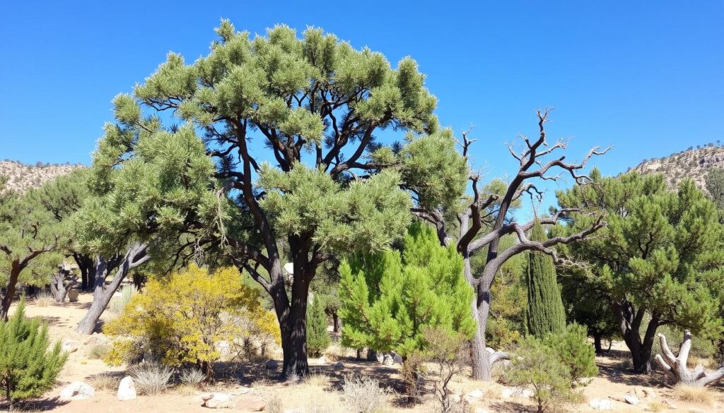 A landscape featuring a dense cluster of trees under a clear blue sky, typical of the Prescott climate. The foreground has a prominent large tree surrounded by various types of green shrubs and smaller trees, all thriving due to professional tree care. Rocky terrain adds texture to the scene.