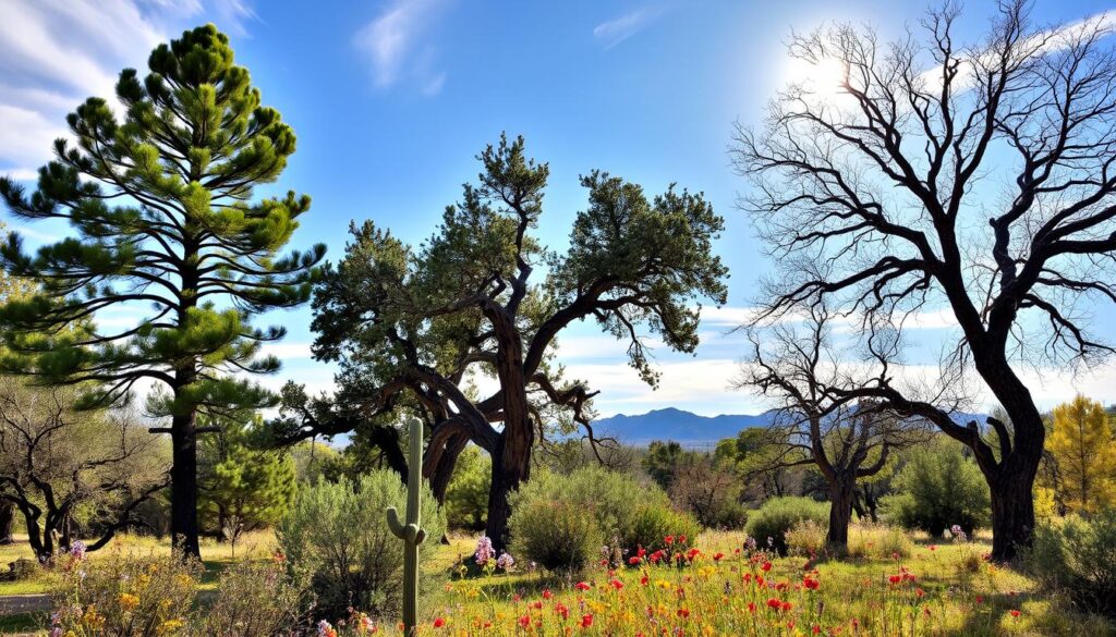 A scenic landscape near Prescott, AZ, showcases diverse, large trees with varying foliage against a blue sky. Bright wildflowers bloom in the foreground, and distant mountains are visible under a sunlit sky. The natural setting creates visual balance and tranquility.