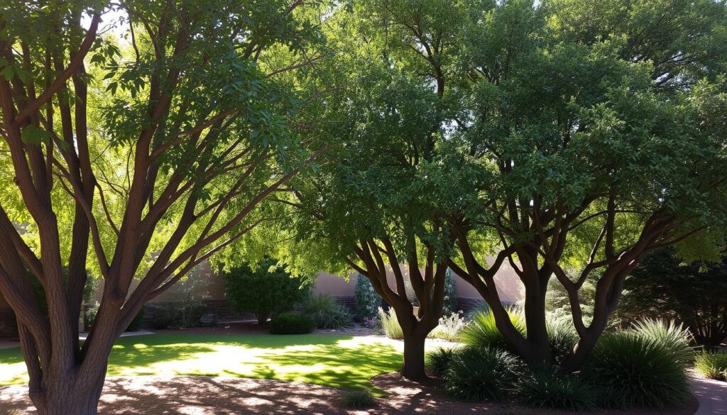 A peaceful garden scene in Prescott, AZ, features several tall trees casting dappled shade on the grassy ground. Sunlight filters through the leaves, creating a serene and inviting atmosphere with visual balance. Some shrubs and neatly trimmed plants grow beneath the trees.