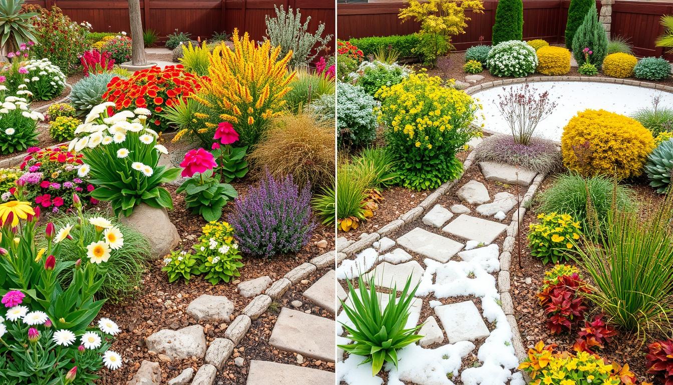 In Prescott AZ, a garden showcases two seasons in one: on the left, vibrant flowers and lush green plants; on the right, a dusting of snow covers the stone path and parts of plants, creating a striking contrast with lingering blooms. Perfect for those seeking innovative landscape design services.