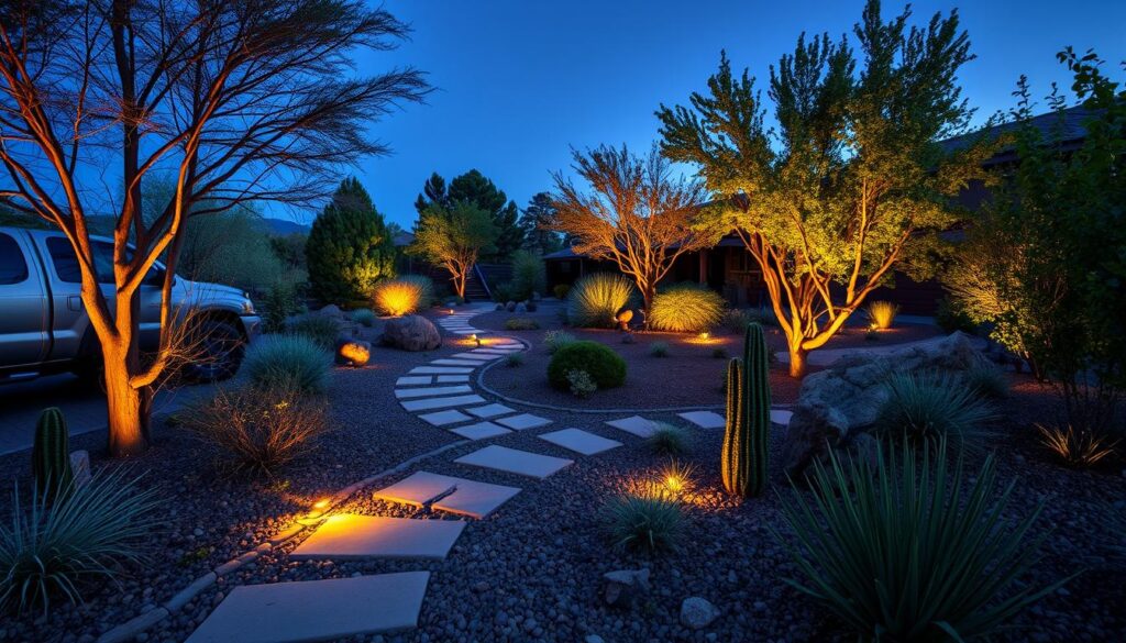 A beautifully lit desert landscape at dusk in Prescott, AZ, featuring a stone path meandering through cacti, shrubs, and rocks. Warm ambient outdoor lighting illuminates the plants, creating a serene and inviting atmosphere. A parked vehicle is visible on the left.