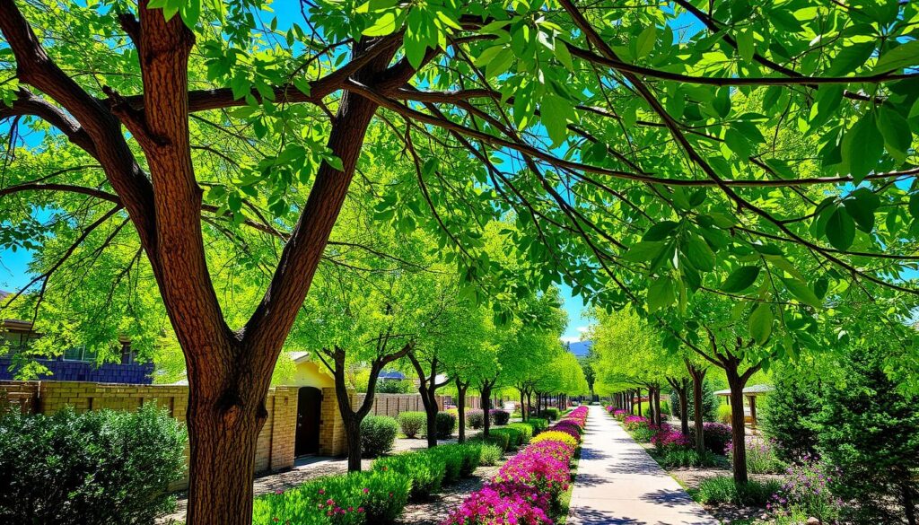 A vibrant garden pathway in Prescott AZ is lined with lush green trees and colorful flower beds. The long, sunlit path is flanked by evenly spaced trees with bright leaves, creating a serene, picturesque scene showcasing visual balance enhanced by expert tree trimming.