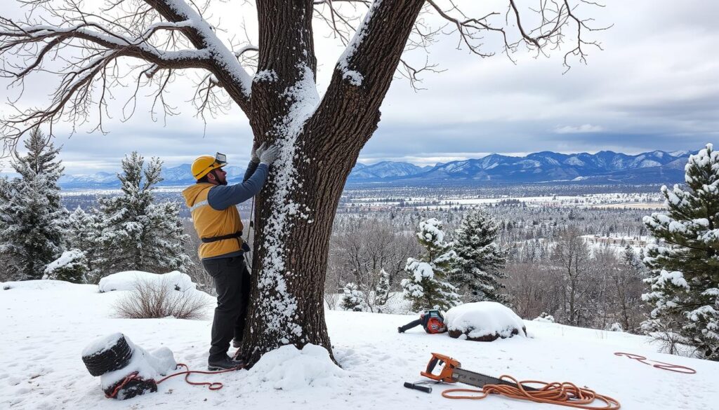 A person wearing winter gear and a yellow helmet works on a snowy tree trunk, following strict safety protocols amid the serene, snow-covered landscape and distant mountains. A chainsaw and orange rope lie on the ground nearby, essential tools for emergency snow tree care in Prescott AZ.