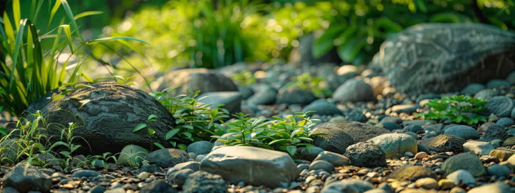 large river rocks scattered across a lush green garden bed.