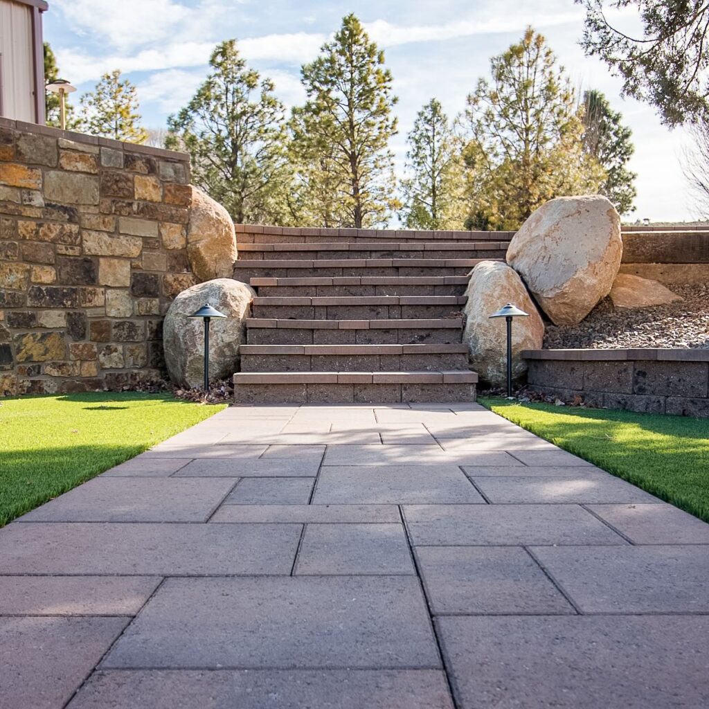 A stone walkway guides you to a set of stone steps framed by large rocks and a retaining wall. The steps ascend towards a backdrop of trees under a clear blue sky, with small landscape lights accentuating the meticulous landscaping on both sides of the path.