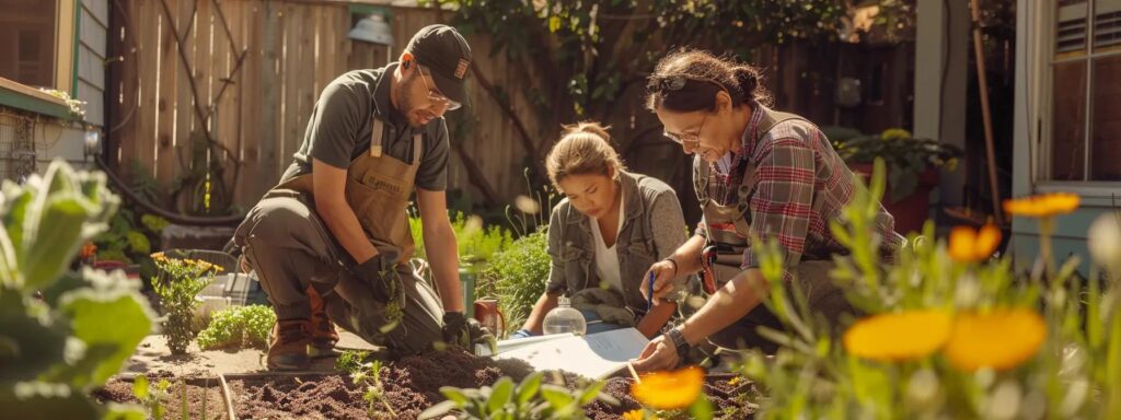 a team of experts analyzing soil types and vegetation to improve drainage solutions in a lush backyard setting.