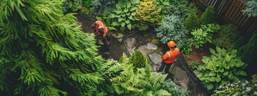 a team of landscapers carefully inspecting a lush garden, strategically planning a drainage system to combat surface runoff and flooding issues.