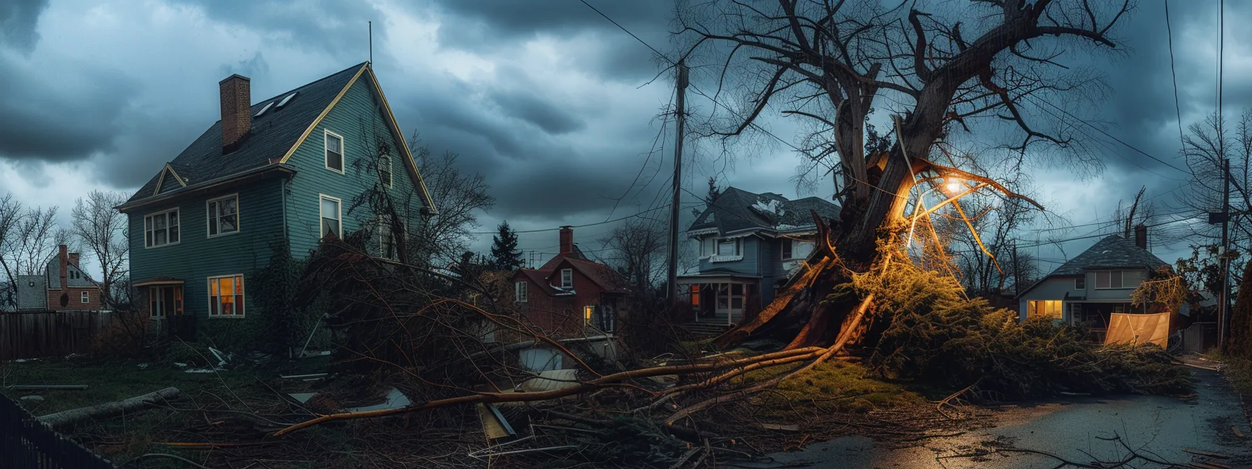 a certified arborist swiftly and safely removing a damaged tree after a storm, ensuring the safety of nearby homes and residents.