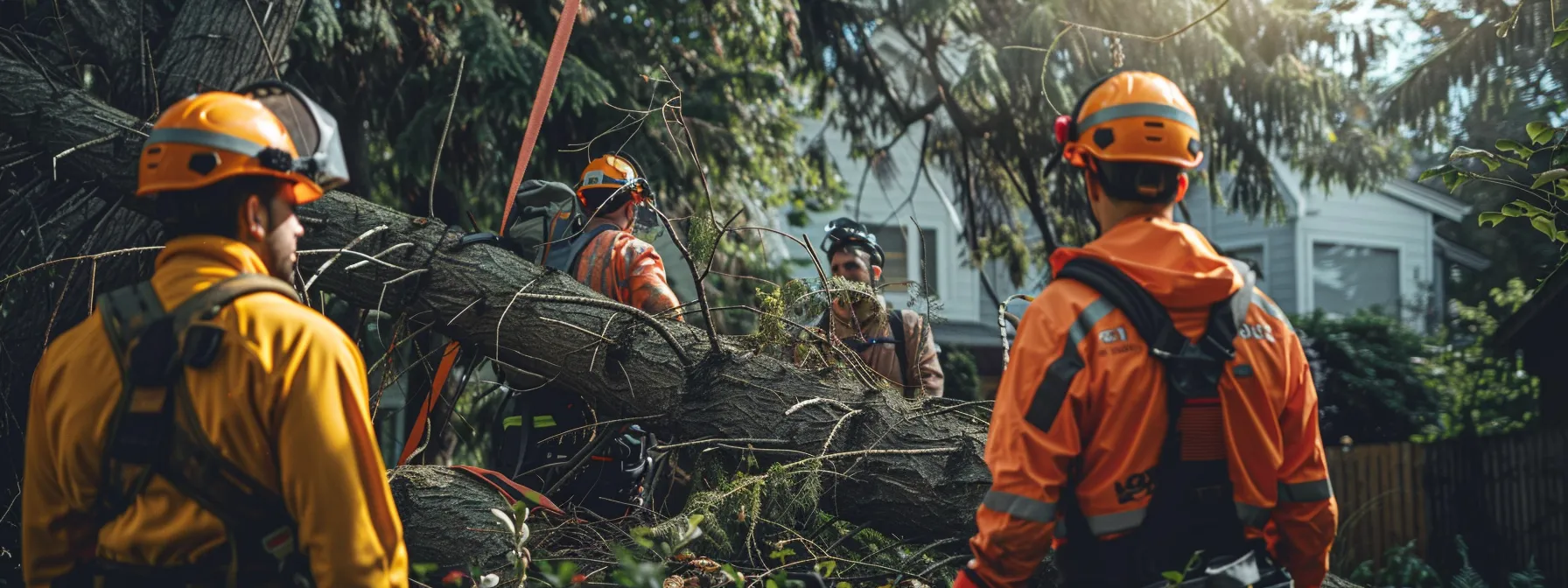 a group of arborists in safety gear discussing tree removal procedures while standing next to a large tree with fallen branches and debris scattered around.