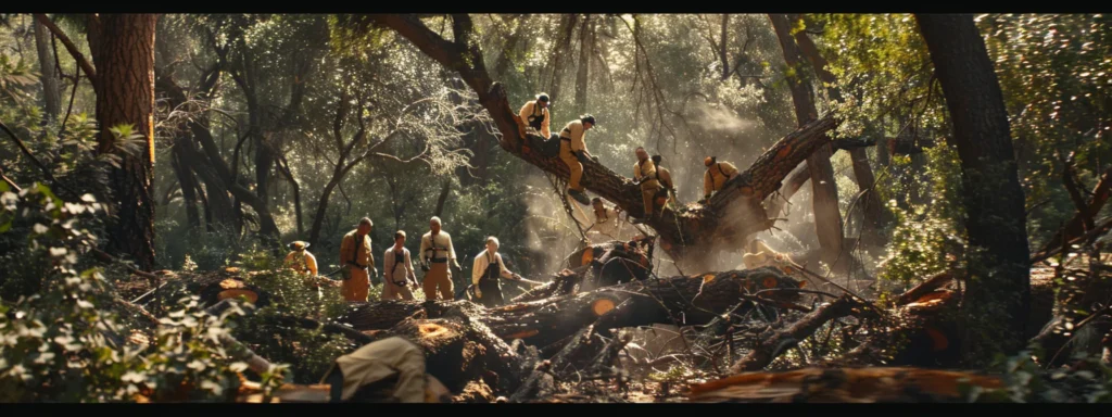 a group of skilled professionals using a chainsaw to cut and remove a fallen tree in the dense prescott forest.