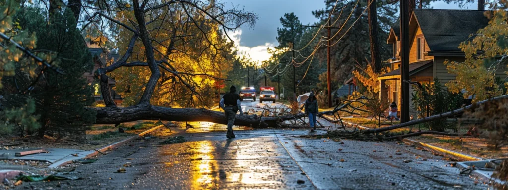 a homeowner in prescott carefully navigating around a fallen tree, avoiding downed power lines, with emergency services visible in the background.