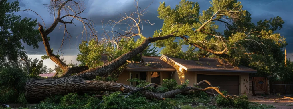 a large tree with branches snapped off, leaning dangerously over a house in prescott during a storm.