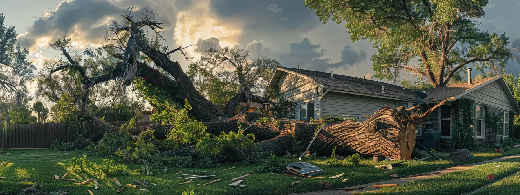 a large tree with visible structural damage, signs of disease, and storm damage, looming over a house, highlighting the urgent need for emergency tree services in prescott.