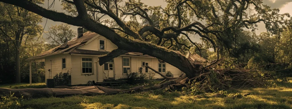 a massive tree leaning dangerously towards a house, with visible storm damage and large branches looming over the roof, highlighting the need for professional tree removal services.