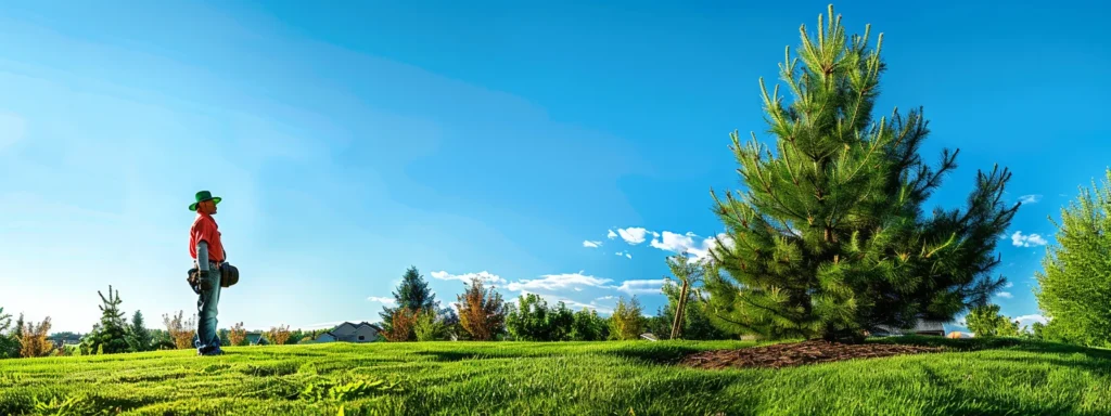 a professional arborist inspects a healthy, sturdy tree standing tall in a lush green backyard under the clear blue sky.