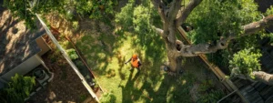 a skilled arborist in a bright orange safety vest expertly pruning a towering tree in a residential backyard.