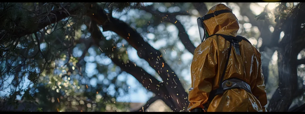 a skilled arborist in protective gear carefully assessing a damaged tree in a residential yard in prescott, under the watchful eyes of homeowners seeking emergency tree care services.