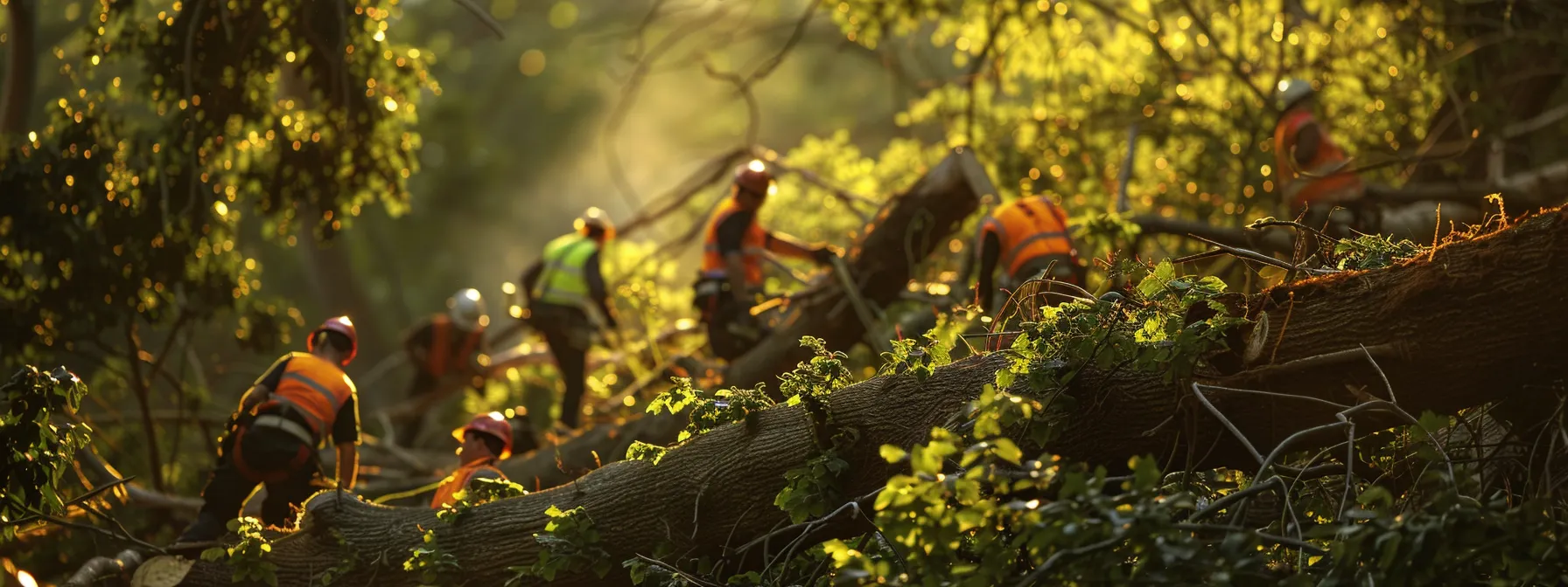 a team of certified arborists in high-visibility vests swiftly removing a fallen tree in response to an urgent call for help.