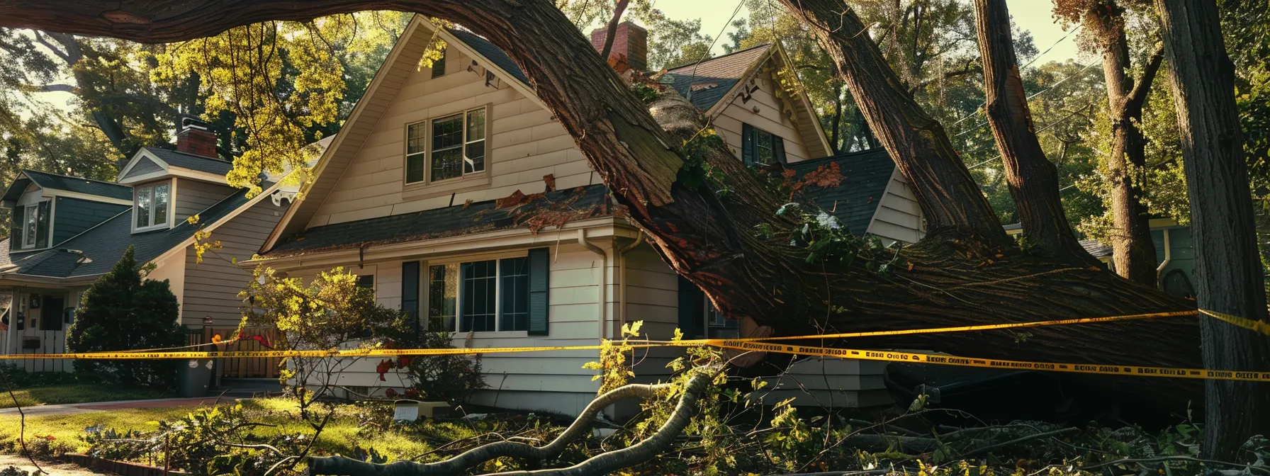 a tree leaning dangerously over a house, with caution tape surrounding the area and neighbors looking on in concern.