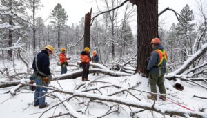 A group of workers in orange vests and hard hats assess a snow-covered, fallen tree in a forest near Prescott, AZ. The ground is blanketed with snow, and the trees in the background have bare branches. Following stringent safety measures, they're providing emergency winter tree service amidst the serene winter landscape.