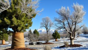 A snowy landscape with frost-covered trees, showing signs of winter tree care, wrapped at the base. Snow-capped mountains rise in the background under a clear blue sky, reminiscent of Prescott AZ. Patches of mulch and snow are scattered across the ground.