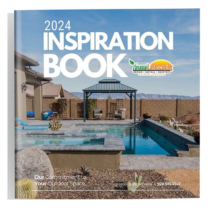 Cover of the 2024 Inspiration Book by Yavapai Landscaping. Showcases an outdoor patio with a pool, gazebo, and mountains in the background. Text reads, "Our Commitment to Your Outdoor Space" with a contact number for Prescott Landscaping Company.