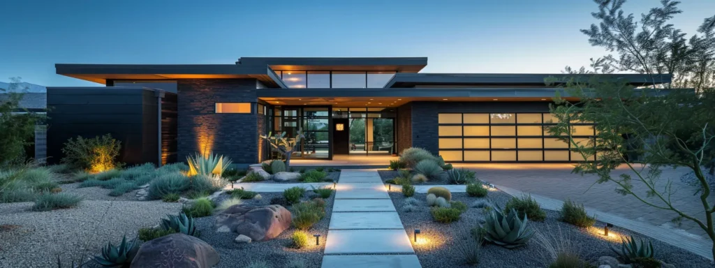 Modern Prescott home with firewise landscaping, featuring a sleek design, stone accents, and desert plants, illuminated pathway leading to a glass garage door.
