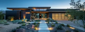 a detailed, modern prescott home stands prominently in an urban setting, showcasing innovative firewise landscaping techniques with strategically placed gravel, non-flammable materials, and protective hardscapes that reflect a commitment to safety and design.