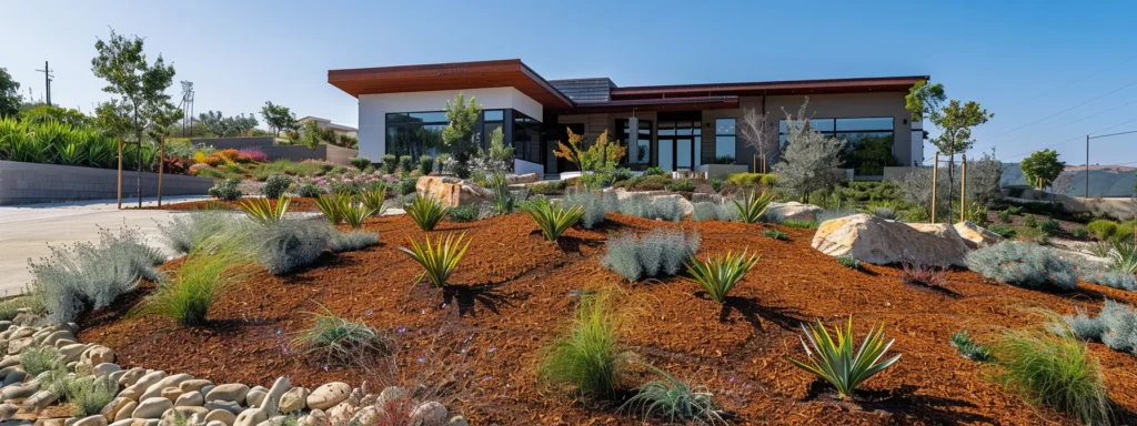 a detailed view of a meticulously arranged firewise landscaped yard surrounding a modern home, showcasing strategically placed fire-resistant mulch and carefully pruned shrubs, all set against a clear blue sky to emphasize the importance of fire safety principles.