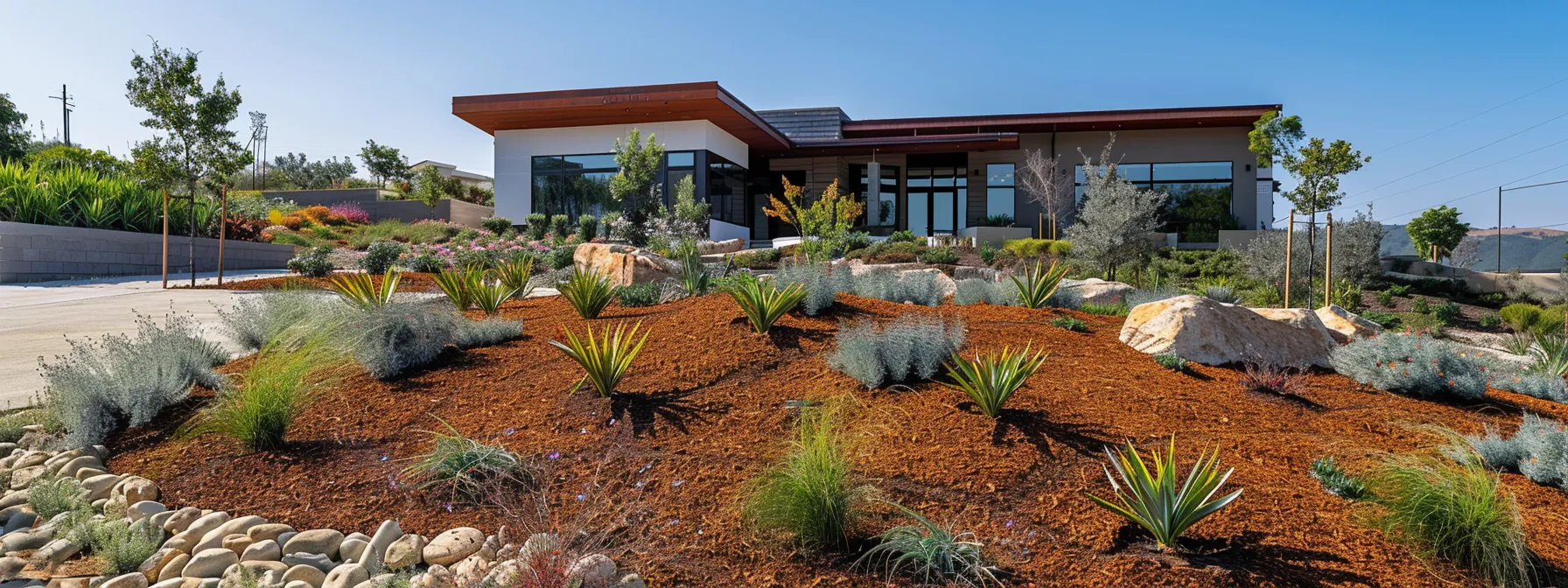Modern home with firewise landscaping, featuring drought-resistant plants, decorative boulders, and mulch for enhanced defensible space against wildfires.