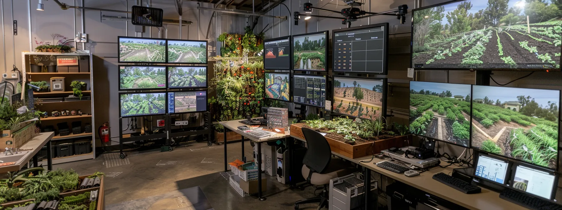 a high-tech landscape design office showcases screens displaying smart irrigation systems and fire risk monitoring apps, while a drone model hovers above a detailed layout of a defensible home landscape, emphasizing an innovative approach to firewise landscaping.