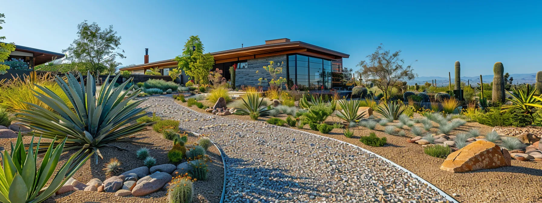 a meticulously designed prescott residence features strategically placed fire-resistant plants and gravel paths, embodying firewise landscaping principles in an urban neighborhood setting under a clear blue sky.
