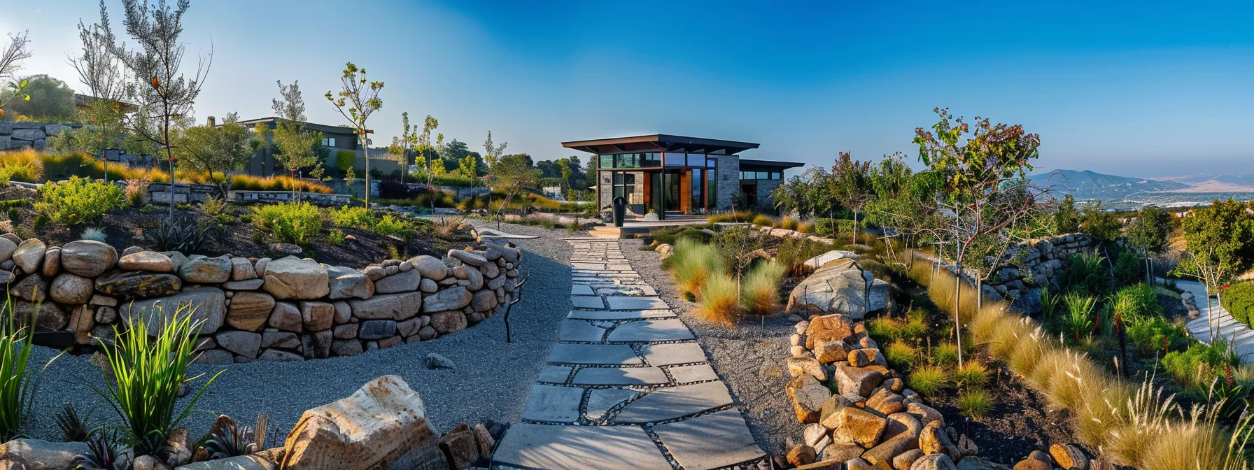 a meticulously designed residential landscape showcases strategically placed stone walkways and patios, creating distinct fire-safe zones that effectively separate flammable vegetation from a modern home, all set against a clear blue sky in an urban environment.