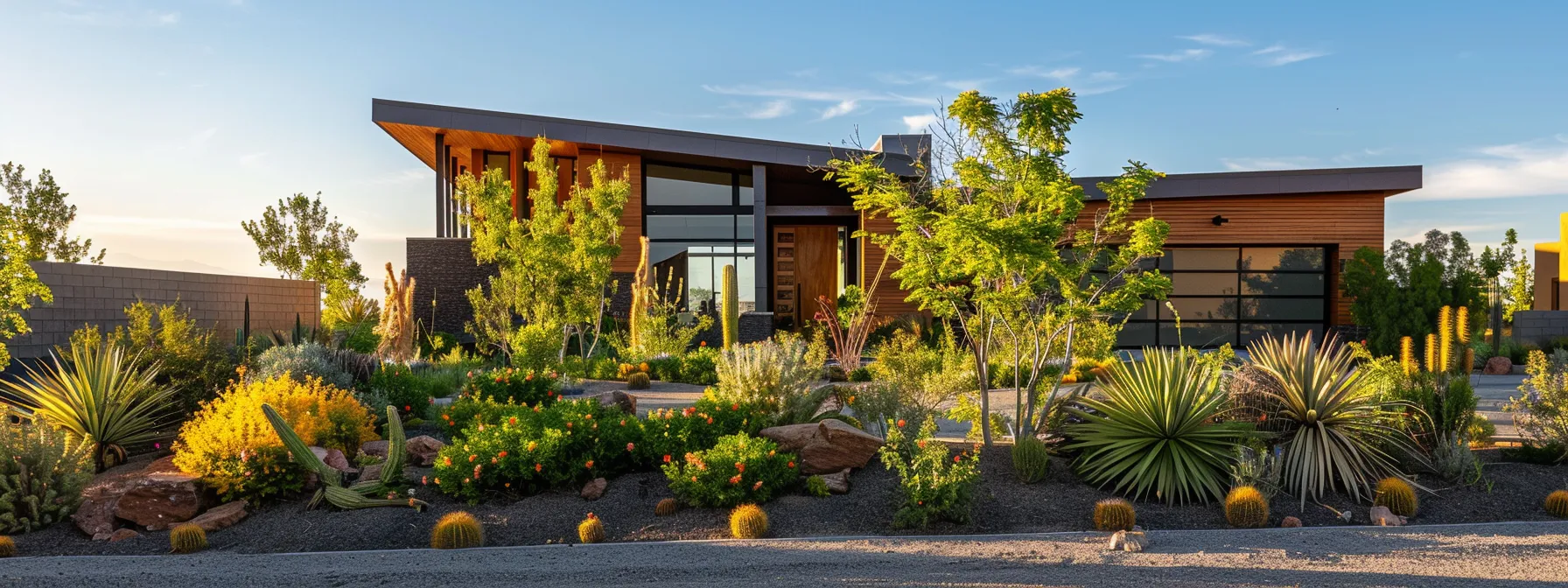 a meticulously designed urban landscape featuring a prescott home with strategically placed fire-resistant plants and clear defensible space that highlights fire safety principles against a backdrop of a modern neighborhood.